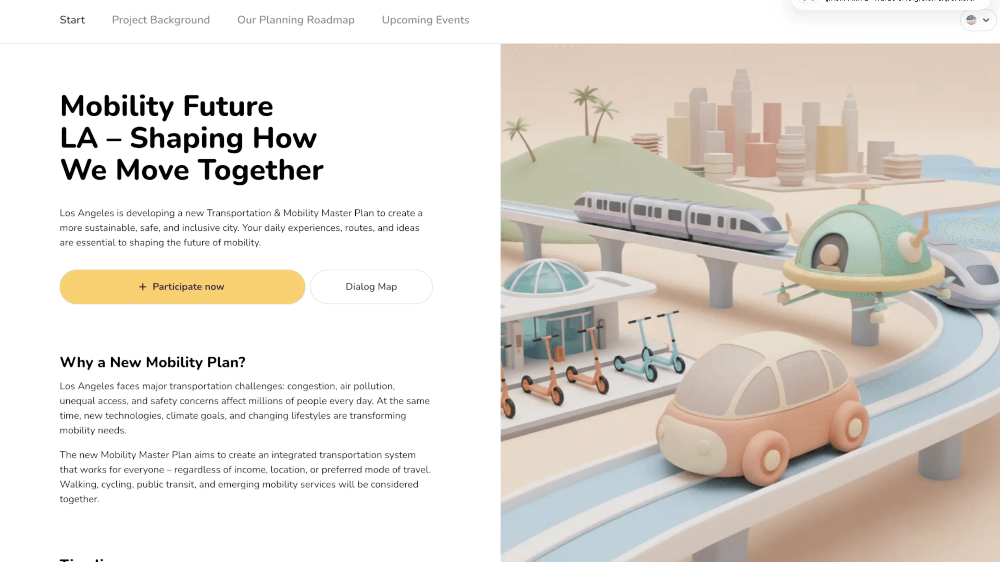 Senf public participation landing page for the Los Angeles Mobility Master Plan with survey and dialog map entry points