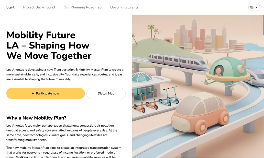 Citizen-facing project landing page for the Los Angeles Mobility Future Master Plan built with Senf, showing survey and dialog map entry points