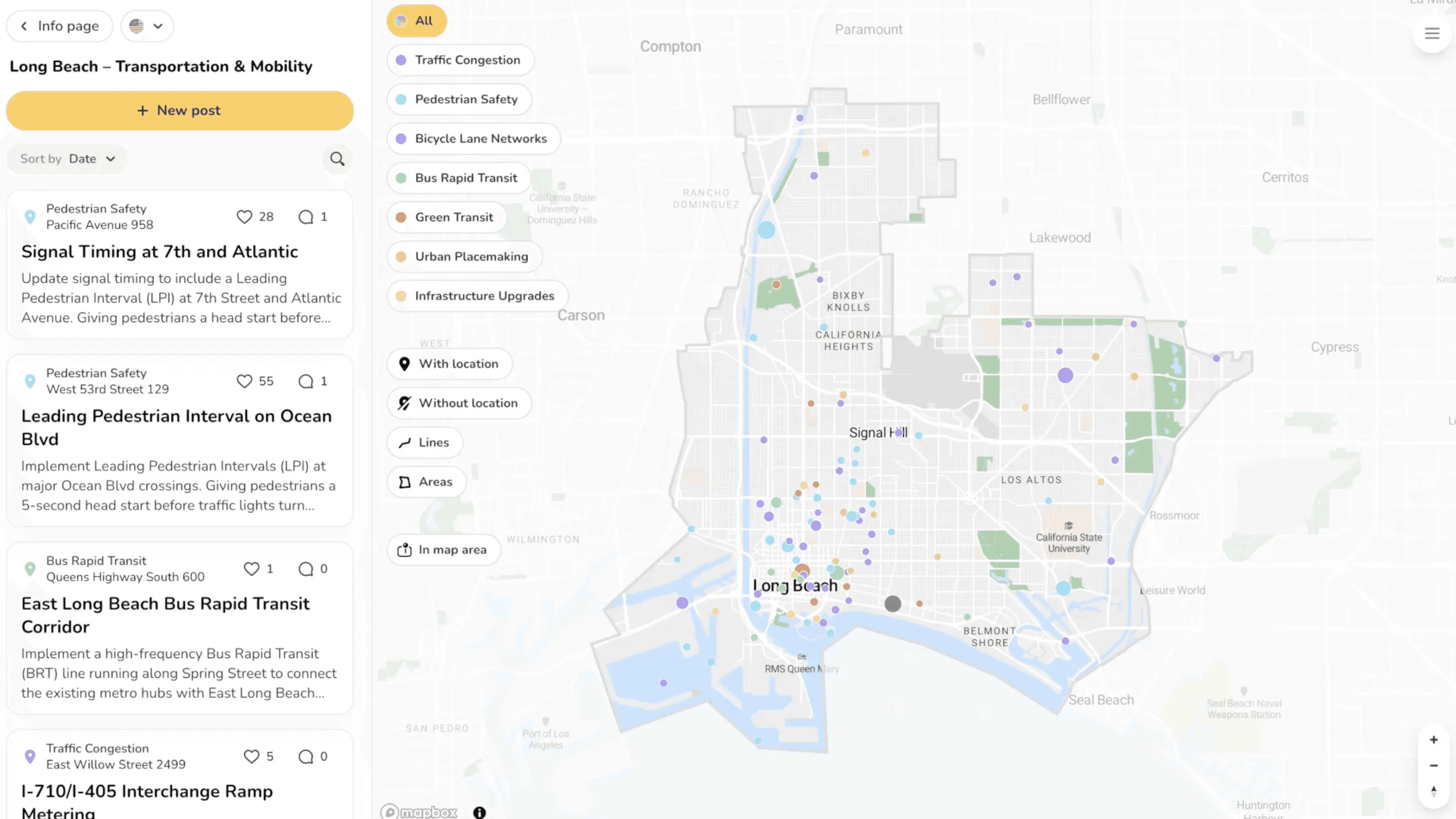 Interactive map-based community engagement platform showing geo-tagged resident feedback on transportation topics in Long Beach, CA