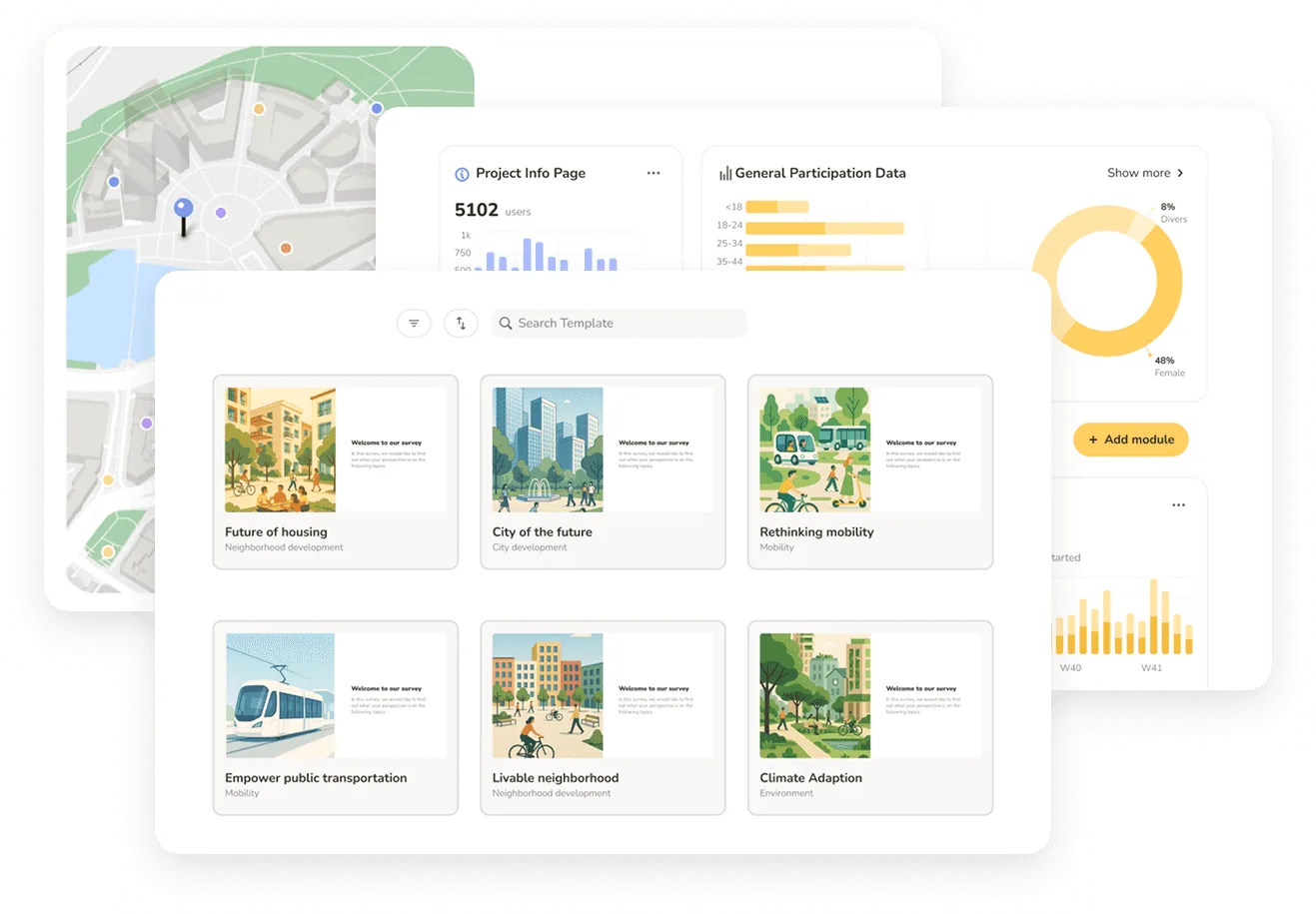 Different screens of the Senf platform