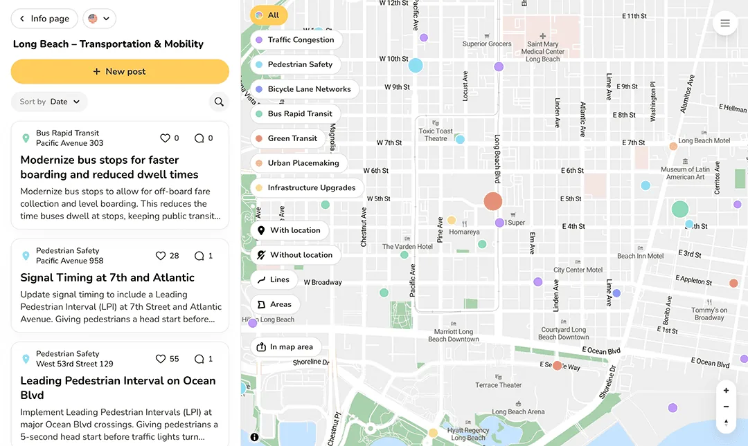 Senf dialog map showing geo-tagged community posts on transportation topics in downtown Long Beach, filtered by category