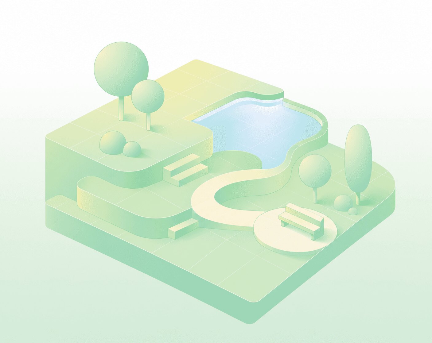 Designed public park landscape with paths, planting, water, and gathering spaces