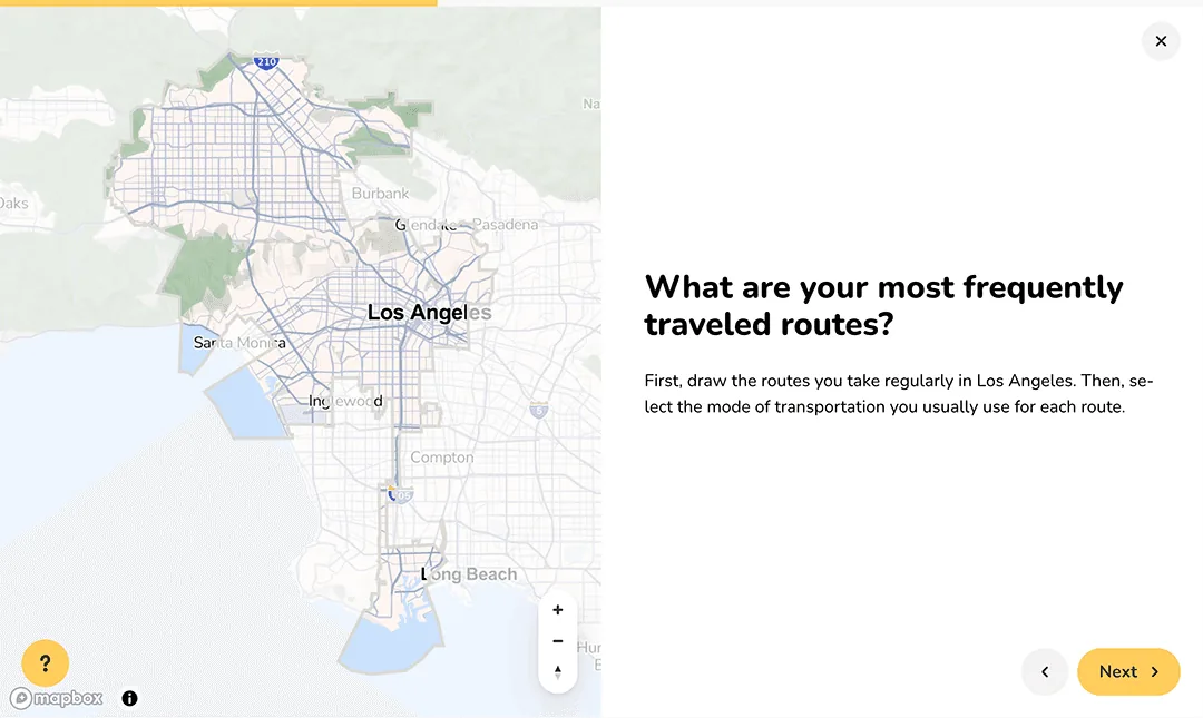 Map-based survey question asking Los Angeles residents to draw their most frequently traveled routes and select their mode of transportation