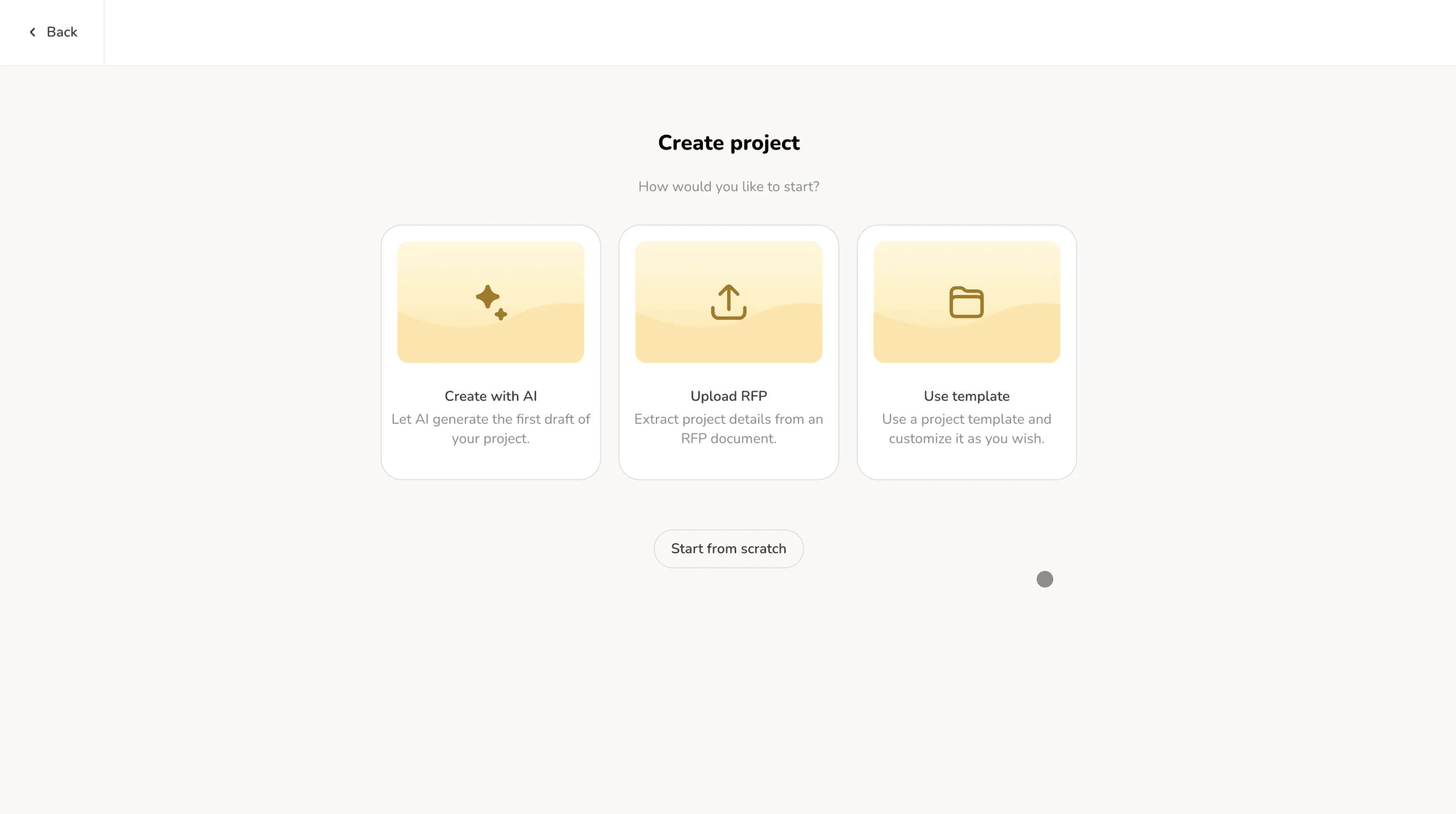 Project setup screen with three options: create with AI, upload an RFP document, or use a template to launch a community engagement project
