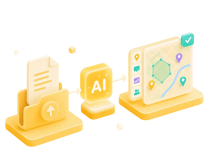 Illustration showing how an uploaded RFP document is transformed by AI into a ready-to-use community engagement project with map and survey tools