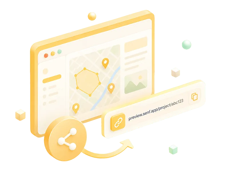 Illustration of a shareable preview link being generated for a Senf community engagement project with an interactive map