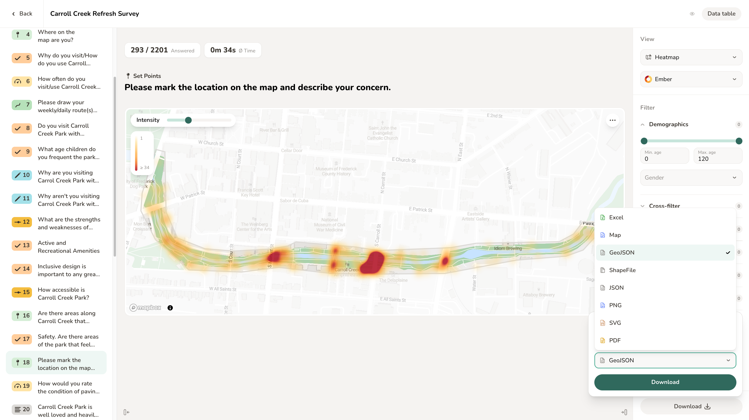 Carroll Creek comment heat map and geographic export inside Senf