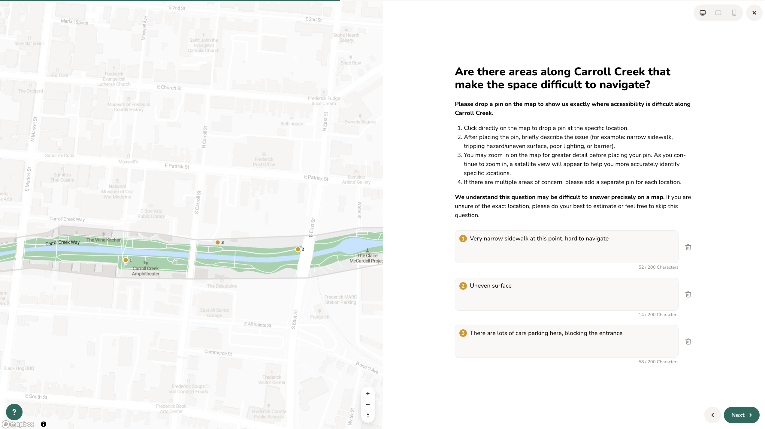 Map-based survey question asking participants to pin difficult-to-navigate locations along Carroll Creek and describe accessibility barriers at each point.