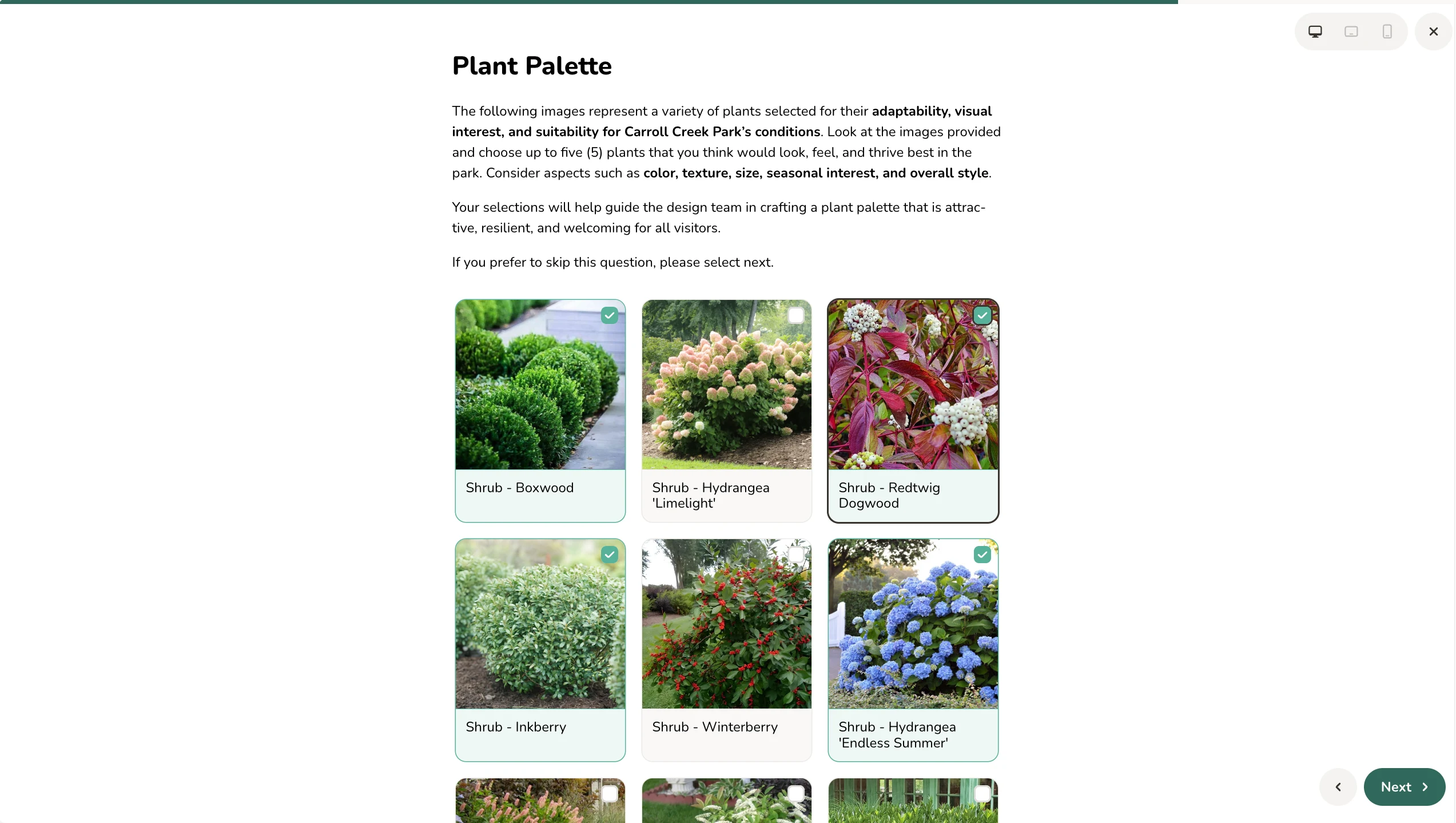 Plant Palette image-choice question showing boxwood, hydrangeas, redtwig dogwood, inkberry, winterberry, and other planting options for Carroll Creek Park.