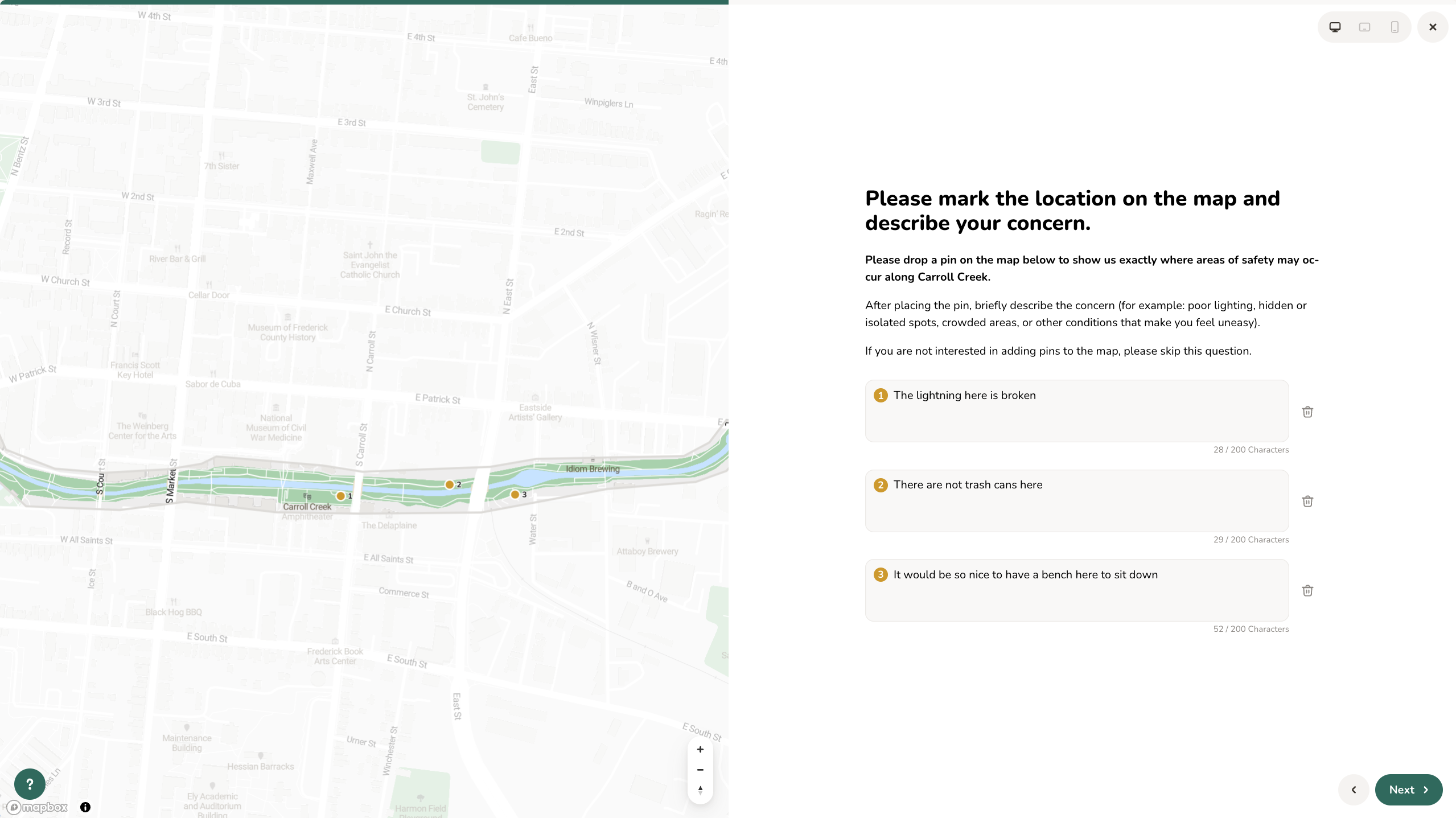 Map question asking residents to drop pins and describe a concern, with three pins placed along the highlighted Carroll Creek corridor.