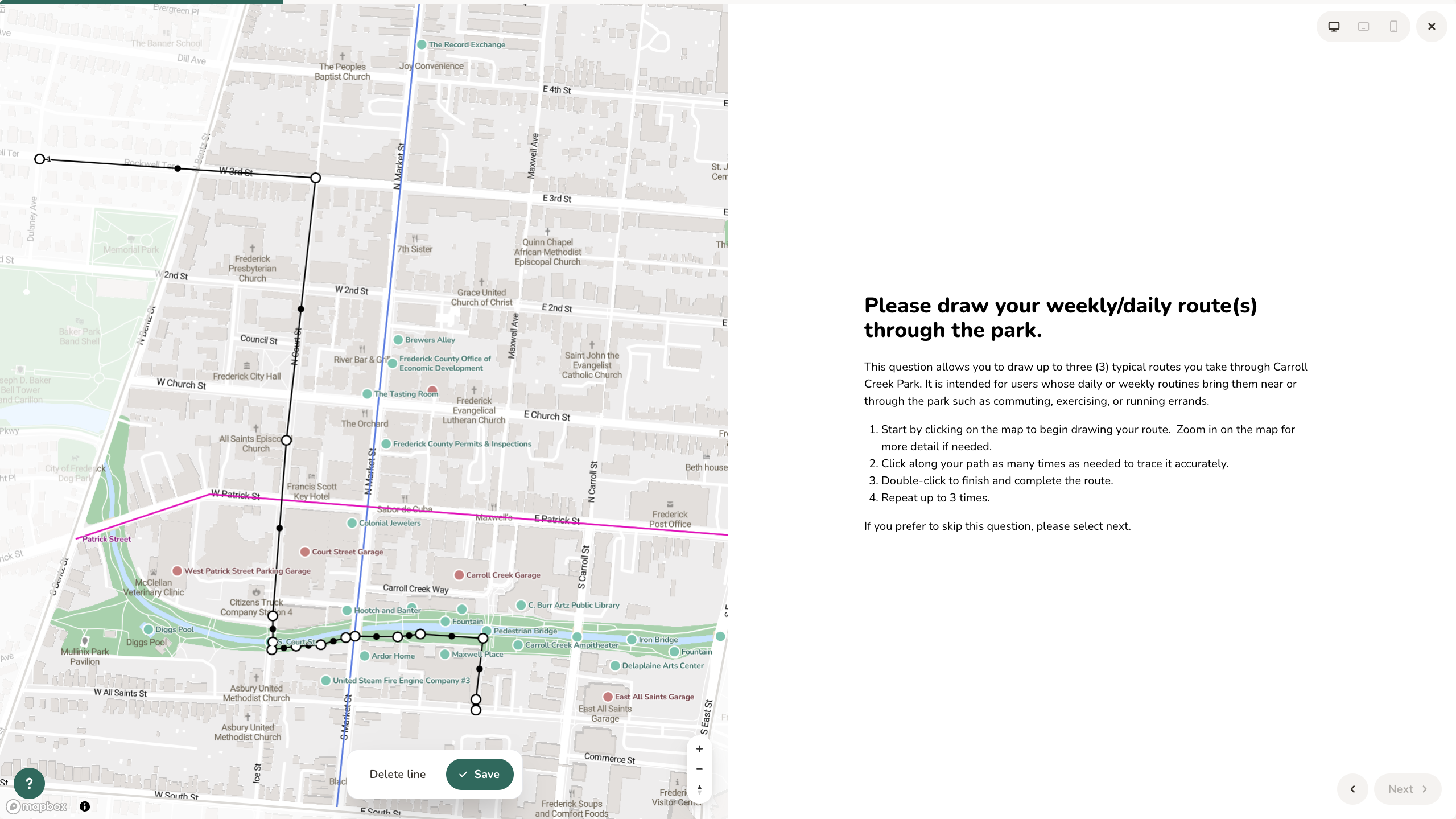 Map question asking residents to draw up to three routes they regularly take through Carroll Creek Park, with two routes drawn.