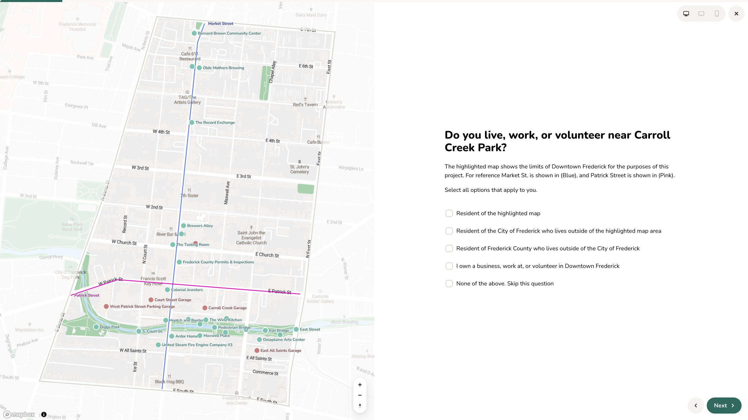 Survey question asking whether the respondent lives, works or volunteers near Carroll Creek Park, beside a map showing the project's Downtown Frederick boundary.