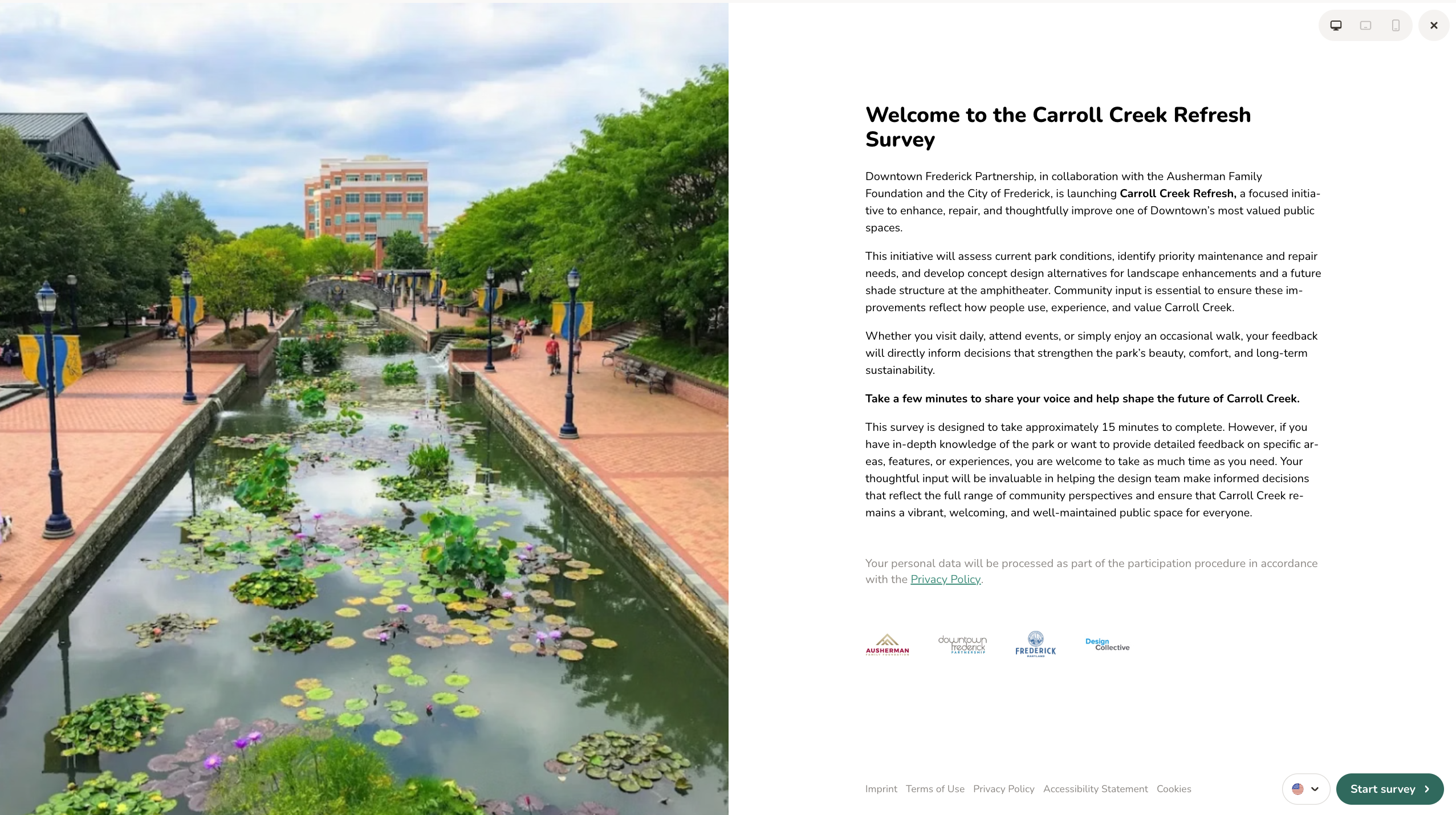 Carroll Creek Refresh Survey welcome page in English showing project background and partner logos for Downtown Frederick Partnership, Ausherman Family Foundation, City of Frederick and Design Collective.
